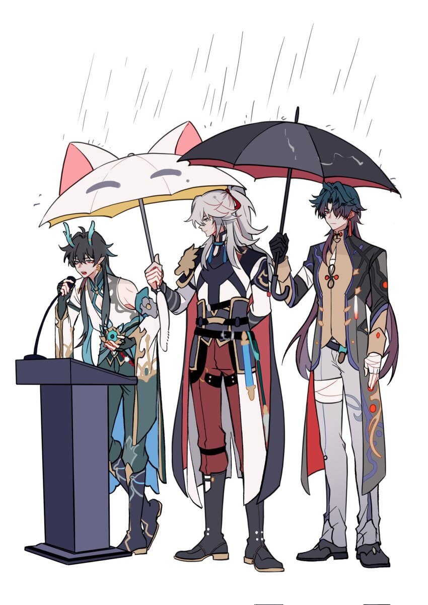3boys arm_behind_back bare_shoulders black_gloves black_hair black_shoes blade_(honkai:_star_rail) boots chinese_clothes commentary dan_heng_(honkai:_star_rail) dan_heng_(imbibitor_lunae)_(honkai:_star_rail) detached_sleeves dragon_boy dragon_horns earrings gloves green_eyes green_pants grey_hair grey_pants highres holding holding_umbrella honkai:_star_rail honkai_(series) horns jewelry jing_yuan knee_boots male_focus microphone multiple_boys pants podium pointy_ears ponytail rain shoes simple_background single_glove symbol-only_commentary umbrella white_background yellow_eyes yuelinpanp98413