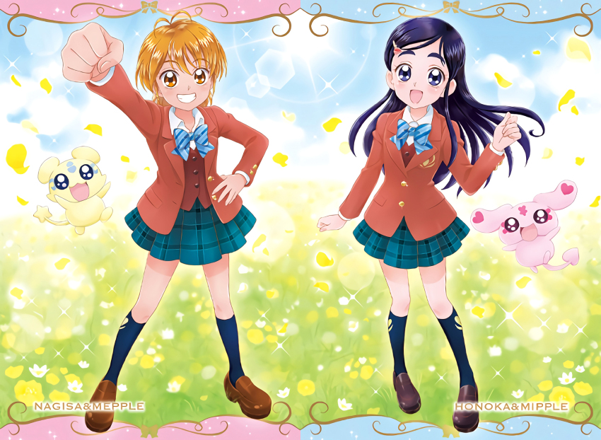 2girls antenna_hair black_hair black_socks blazer blue_bow blue_bowtie blue_eyes bow bowtie brown_footwear brown_hair brown_vest dress_shirt full_body futari_wa_precure green_skirt grin hand_on_own_hip highres jacket loafers mepple mipple misumi_nagisa multiple_girls official_art open_clothes open_jacket open_mouth orange_hair pleated_skirt precure raised_fist red_jacket school_uniform shirt shoes short_hair skirt smile socks thick_eyebrows third-party_source verone_gakuin_school_uniform vest white_shirt yukishiro_honoka