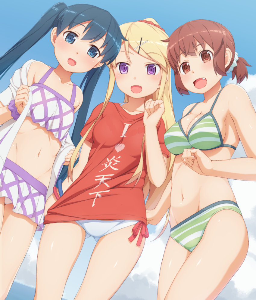 3girls bikini blonde_hair blue_hair blue_sky breasts brown_hair fang gluteal_fold hair_ornament hairclip highres horizon inokuma_youko kin-iro_mosaic komichi_aya kujou_karen long_hair looking_at_viewer looking_down medium_breasts multiple_girls open_mouth outdoors short_hair sidelocks sky small_breasts striped_bikini striped_clothes swimsuit tachimi_(basue) very_long_hair white_bikini