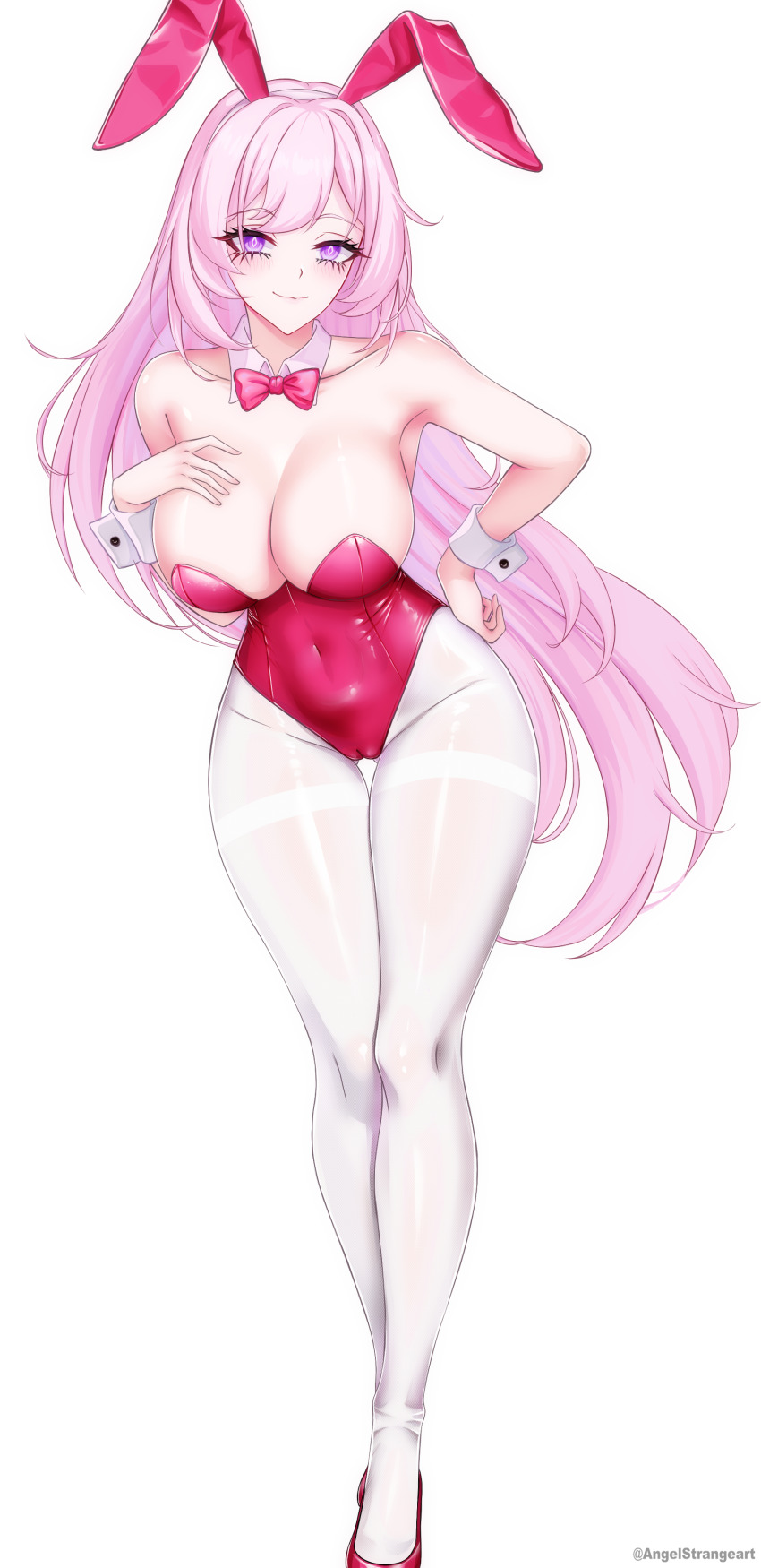 1girl absurdres angelstrangeart animal_ears bow bowtie breasts cleavage detached_collar elysia_(honkai_impact) fake_animal_ears full_body hand_on_own_hip high_heels highres honkai_(series) honkai_impact honkai_impact_3rd large_breasts leotard long_hair looking_at_viewer pantyhose pink_bow pink_hair pink_leotard playboy_bunny rabbit_ears red_leotard smile solo standing strapless strapless_leotard transparent_background white_legwear wrist_cuffs