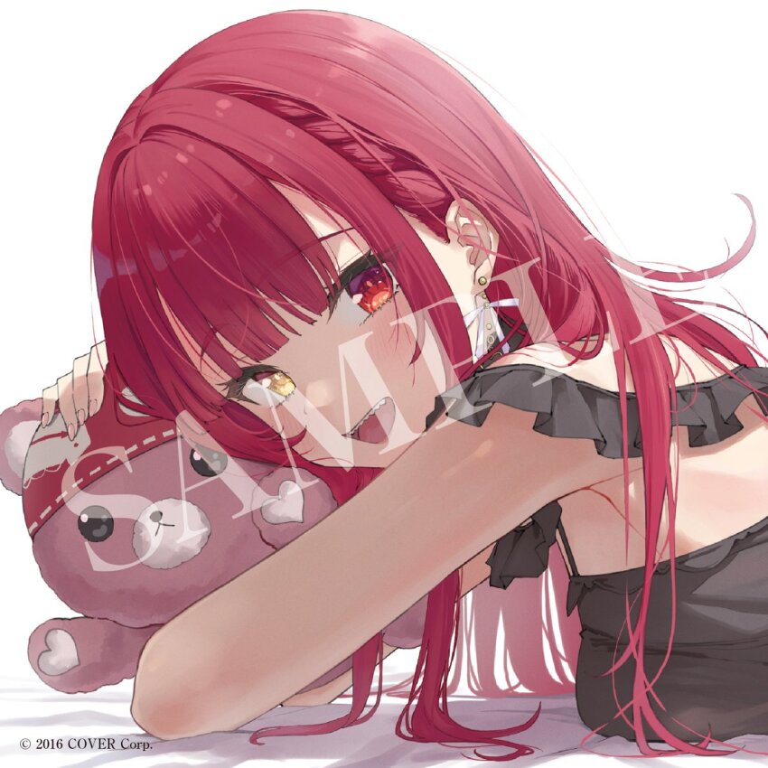1girl 2016 alternate_costume anno_masato bandana blush breast_press breasts face_focus heterochromia highres hololive houshou_marine large_breasts long_hair open_mouth pajamas red_hair smile stuffed_animal stuffed_toy teddy_bear virtual_youtuber watermark white_background