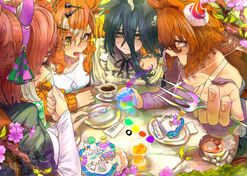 4girls absurdres agnes_tachyon_(umamusume) ahoge breasts cake casual chemical_structure clenched_hand commentary_request cup dantsu_flame_(umamusume) dress ear_covers ear_ornament earrings ears_down food fork frilled_dress frills glass hair_between_eyes hair_ornament happy_birthday highres holding holding_cup holding_fork jacket jam_(umamusume) jewelry jungle_pocket_(umamusume) kii-kun_(agnes_tachyon)_(umamusume) long_hair long_sleeves manhattan_cafe_(umamusume) medium_breasts multiple_girls napkin necklace official_alternate_costume open_mouth orange_jacket plate purple_sweater shirt sidelocks single_earring smile sparkle sugar_cube sweater teacup tonariuta umamusume watermark white_shirt x_hair_ornament yellow_eyes