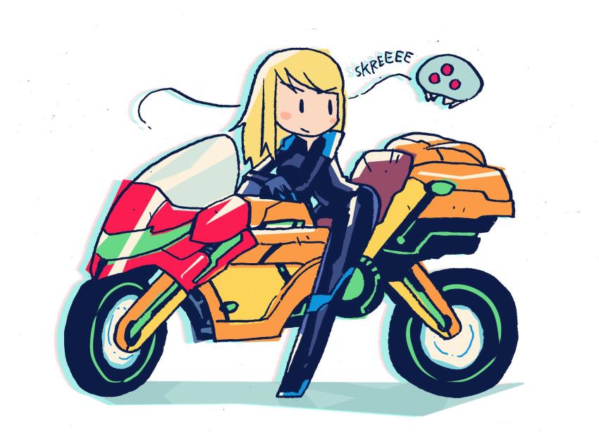 1girl adapted_object biker_clothes bikesuit blonde_hair blush_stickers bodysuit highres long_hair metroid metroid_(creature) metroid_larva motor_vehicle motorcycle nintendo on_motorcycle rariatto_(ganguri) samus_aran simple_background solid_oval_eyes white_background