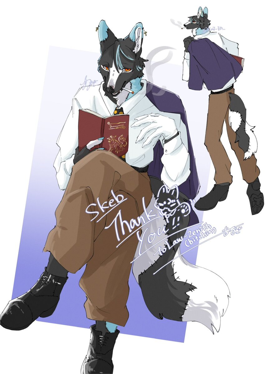 book brown_pants cigarette furry furry_male highres jacket pants purple_jacket shirt white_shirt wolf_boy