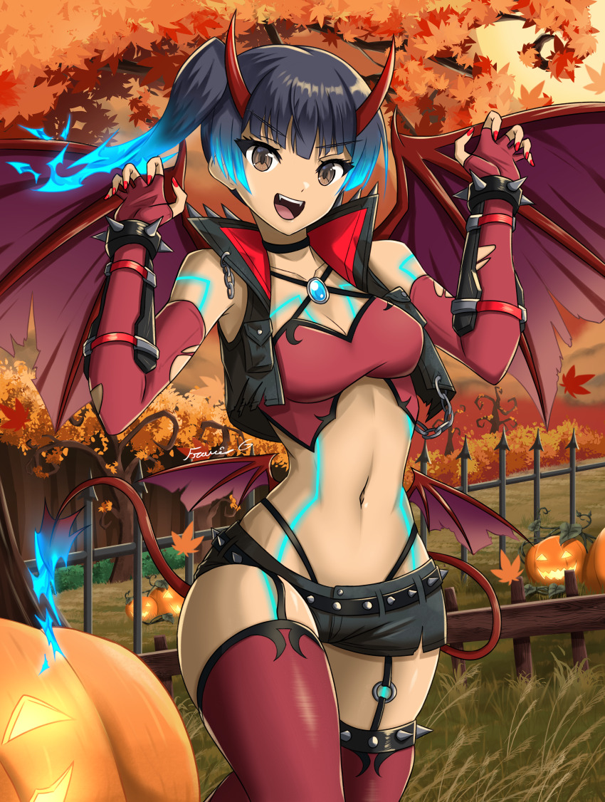 1girl absurdres alternate_costume breasts commentary cowboy_shot crop_top demon_girl demon_horns demon_tail demon_wings elbow_gloves fangs fgsketch fiery_hair gloves glowing_lines halloween highres horns midriff navel sena_(xenoblade) short_shorts shorts small_breasts solo spiked_belt tail wings xenoblade_chronicles_(series) xenoblade_chronicles_3