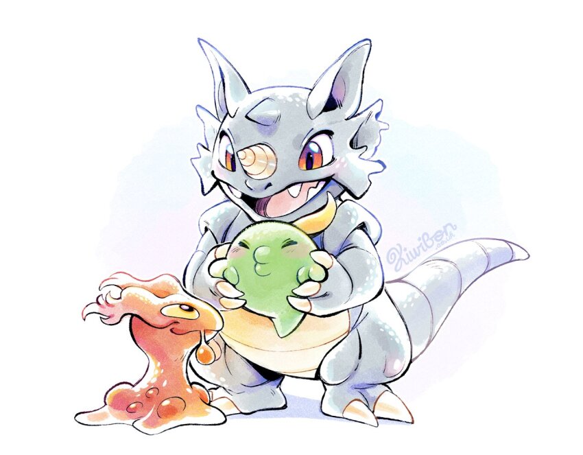 animal_ears blush claws closed_eyes colored_sclera colored_skin fangs game_freak gen_1_pokemon gen_2_pokemon gen_3_pokemon green_skin grey_skin gulpin holding holding_pokemon horns kiwibon1 looking_at_another looking_up nintendo no_humans nostrils o3o open_mouth orange_skin pokemon pokemon_(creature) pokemon_focus red_eyes rhydon single_horn slugma smile tail yellow_sclera