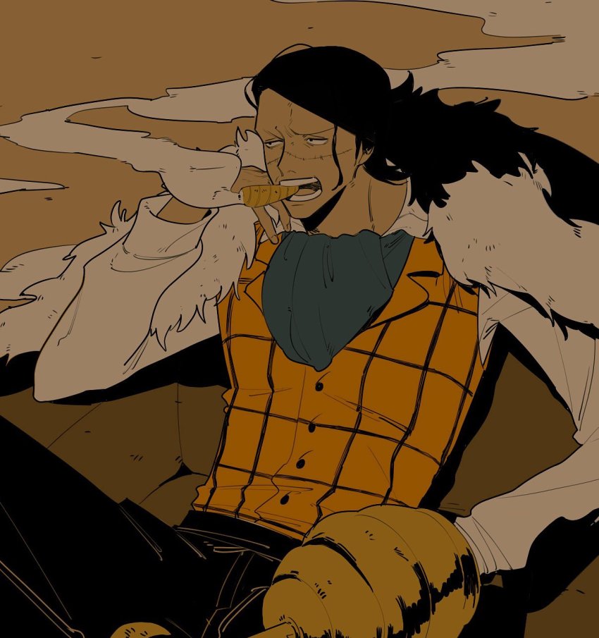 1boy cigar coat crocodile_(one_piece) dark fur_coat hair_slicked_back highres hook hook_hand long_sleeves male_focus numata_(oioioioiai) one_piece scar scar_on_face shirt smoking solo vest