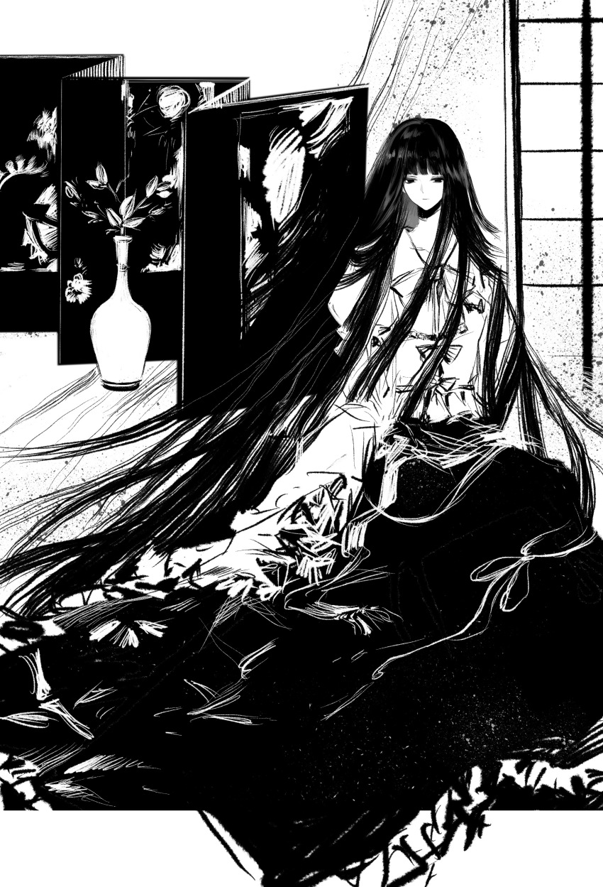 1girl absurdres ashi_(dongshi389) bow bowtie chinese_commentary commentary_request expressionless folding_screen greyscale highres houraisan_kaguya indoors long_hair long_skirt long_sleeves looking_at_viewer monochrome shirt skirt solo touhou vase very_long_hair