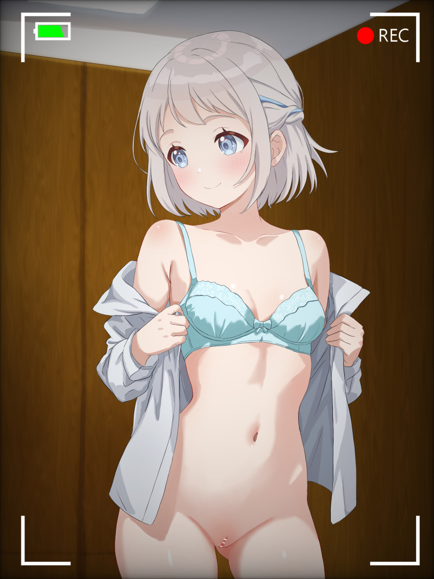 1girl absurdres alpaca_no_otouto aqua_bra armpit_crease bar_censor blue_eyes blue_ribbon blush bottomless bra braid breasts censored cleft_of_venus collarbone gakuen_idolmaster grey_hair groin hair_ribbon half_up_braid highres idolmaster indoors katsuragi_lilja linea_alba looking_to_the_side navel open_clothes open_shirt petite pussy recording ribbon ribbon_braid shirt_hold short_hair small_breasts smile solo stomach underwear