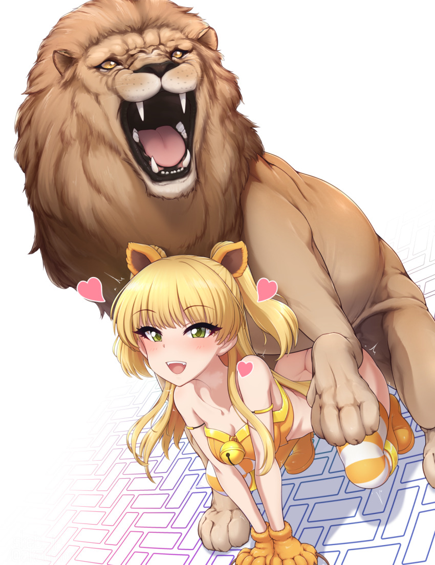 1girl akai_(riaakai) animal_hands ass bell bestiality blonde_hair blush bottomless commission gloves green_eyes happy_sex heart highres idolmaster idolmaster_cinderella_girls jingle_bell jougasaki_rika lion long_hair open_mouth paid_reward_available paw_gloves sex simple_background skeb_commission solo striped_clothes striped_thighhighs teeth thighhighs twintails upper_teeth_only white_background yellow_stripes