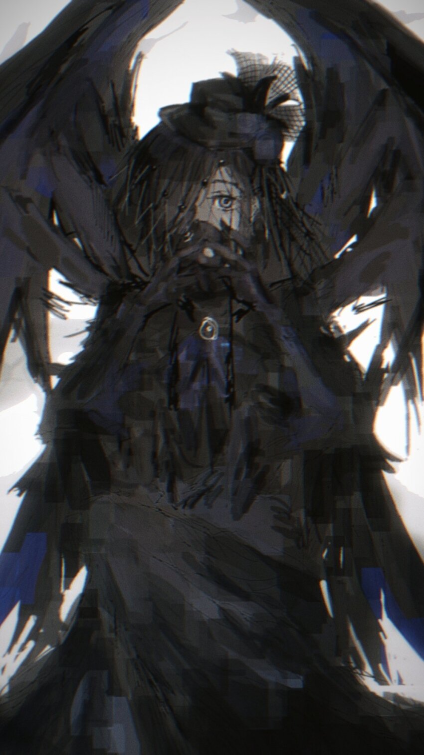 1girl angela_(project_moon) black_capelet black_dress black_eyes black_veil black_wings capelet dress e.g.o_(project_moon) hands_up heinrich_(fernanderuddle) highres holding holding_mask library_of_ruina looking_at_viewer mask multiple_wings plague_doctor_(project_moon) project_moon seraph short_hair solo veil white_background wings