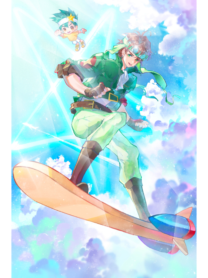 2boys belt belt_buckle blue_sky boots border brown_belt brown_boots brown_gloves brown_hair brown_sleeve_cuffs buckle chibi chinese_commentary clenched_hands cloud collared_jacket commentary commentary_request daichi_(shugo_chara!) day english_commentary fingerless_gloves fist_pump floating_clothes flying gloves green_belt green_eyes green_hair green_headband green_jacket green_pants hair_between_eyes hair_ornament happy headband high_belt highres inhan jacket knee_boots light_particles light_rays long_sleeves looking_at_viewer magical_boy male_focus messy_hair mixed-language_commentary multiple_boys open_clothes open_jacket open_mouth outdoors pants pillarboxed shirt shoes short_hair short_sleeves shorts shugo_chara! sky sky_jack smile sneakers souma_kuukai spiked_hair sportswear star_(symbol) star_hair_ornament star_print sunlight surfing t-shirt teeth thick_eyebrows three-quarter_sleeves upper_teeth_only white_border white_headband white_shirt white_shorts wristband yellow_shirt yellow_shoes