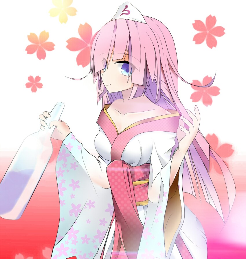 bare_shoulders blue_eyes bottle emil_chronicle_online from_side furisode hair_ornament highres holding holding_bottle japanese_clothes kimono long_hair pink_hair sake_bottle towa_(emil_chronicle_online) yahoo0124