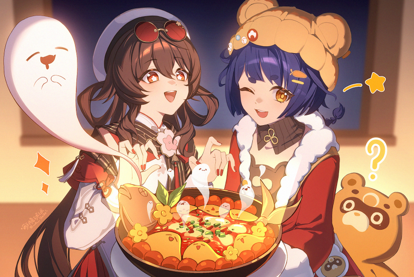 2girls ? blue_hair boo_tao_(genshin_impact) bright_pupils brown_eyes brown_hair commentary_request eyewear_on_head flower-shaped_pupils food fur-trimmed_jacket fur_trim genshin_impact guoba_(genshin_impact) hair_rings hat highres hu_tao_(cherries_snow-laden)_(genshin_impact) hu_tao_(genshin_impact) indoors jacket long_hair long_sleeves multiple_girls nail_polish official_alternate_costume one_eye_closed red_jacket round_eyewear shirt so_zei_tama_tama symbol-shaped_pupils tinted_eyewear twintails white_hat white_pupils white_shirt xiangling_(genshin_impact) xiangling_(new_year&#039;s_cheer)_(genshin_impact) yellow_eyes