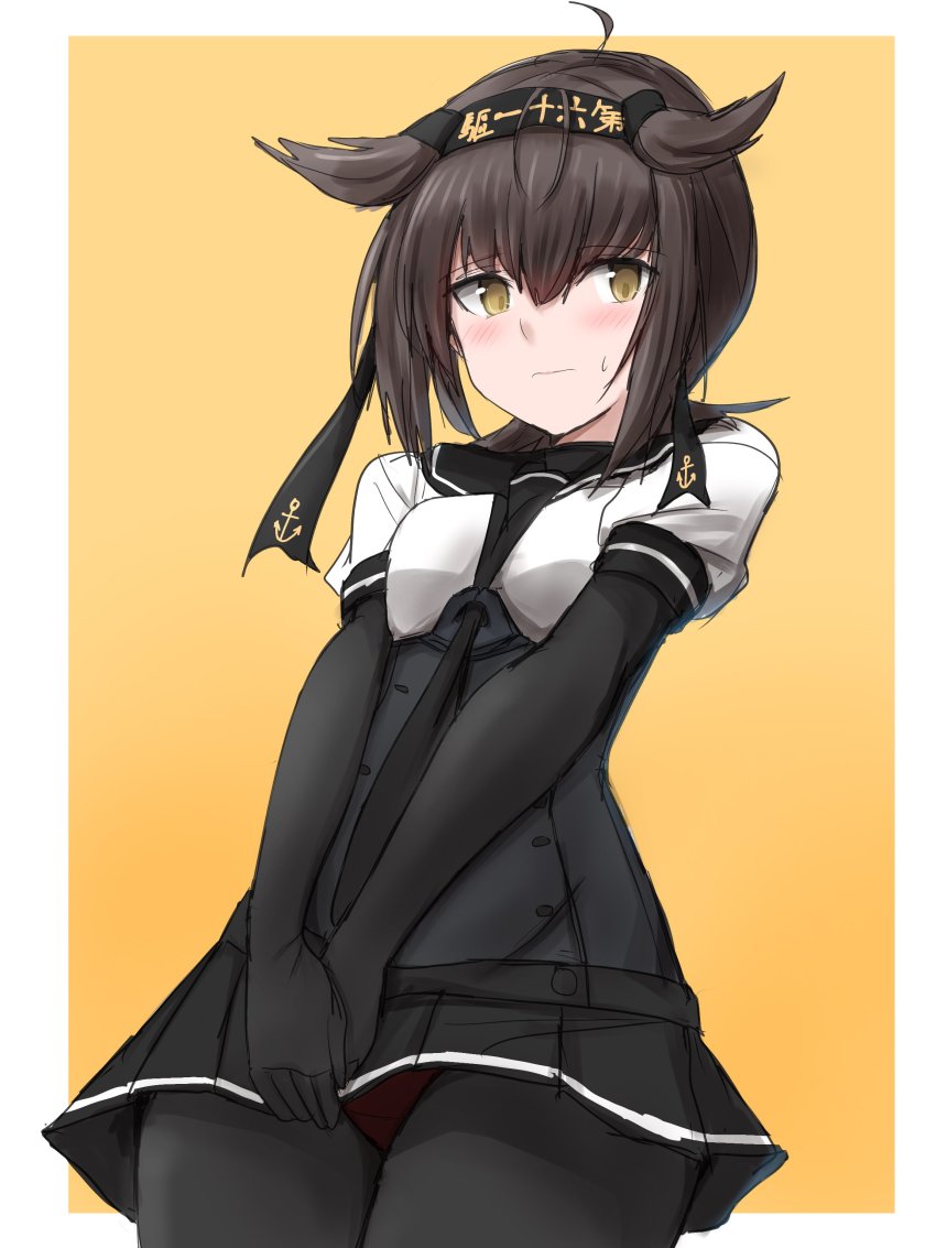 1girl absurdres anchor_symbol black_bodysuit black_headband black_neckerchief black_sailor_collar black_skirt bodysuit brown_hair clothes_writing corset cowboy_shot hachimaki hair_flaps hatsuzuki_(kancolle) headband highres kamaboko_senshi kantai_collection looking_at_viewer neckerchief pleated_skirt sailor_collar school_uniform serafuku short_hair skirt solo yellow_eyes