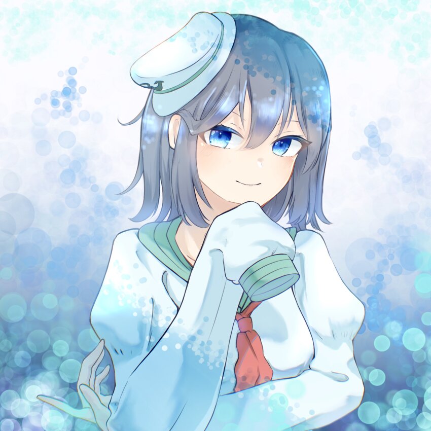 1girl abstract_background black_hair blue_eyes collared_shirt hat highres kulukulu3333 long_sleeves looking_at_viewer medium_hair mini_hat murasa_minamitsu neckerchief red_neckerchief sailor_hat shirt sleeves_past_fingers sleeves_past_wrists smile solo touhou upper_body white_hat white_shirt