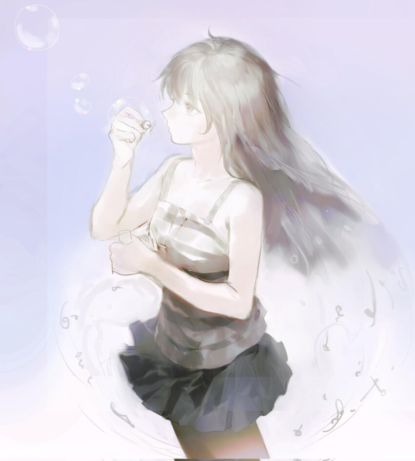 1girl bare_shoulders black_skirt blowing_bubbles bubble_wand collarbone corrupted_twitter_file cowboy_shot empty_eyes floating_hair from_side grey_eyes grey_hair hands_up highres holding light lips long_hair looking_up miniskirt nose pale_skin pink_background profile shimako_(yume_2kki) skirt sleeveless soap_bubbles solo striped_tank_top tank_top white_background wind wind_lift xgshjsgha yume_2kki