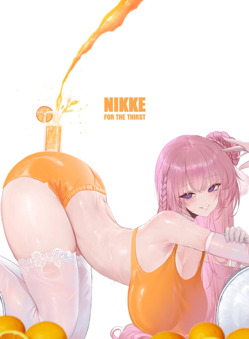 1girl alternate_costume arched_back ass bare_shoulders blush braid breasts cleavage commentary crop_top dishwasher1910 dorothy_(nikke) elbow_gloves english_commentary food from_side fruit gloves goddess_of_victory:_nikke hanging_breasts highres huge_breasts juice long_hair looking_at_viewer looking_to_the_side orange_(fruit) orange_juice orange_shorts orange_slice orange_tank_top parted_lips pink_hair purple_eyes short_shorts shorts sideboob smile solo tank_top thighhighs thighs white_background white_gloves white_thighhighs