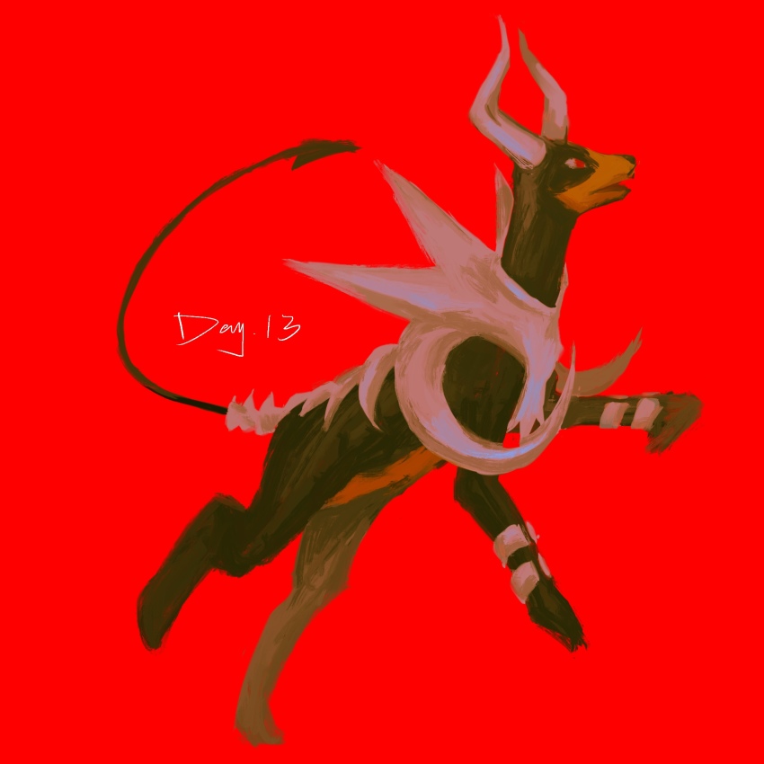 animal_focus bone english_text full_body gen_2_pokemon highres houndoom mega_houndoom mega_pokemon nintendo no_humans open_mouth pokemon pokemon_(creature) red_background red_eyes simple_background solo yug_(yu_g)