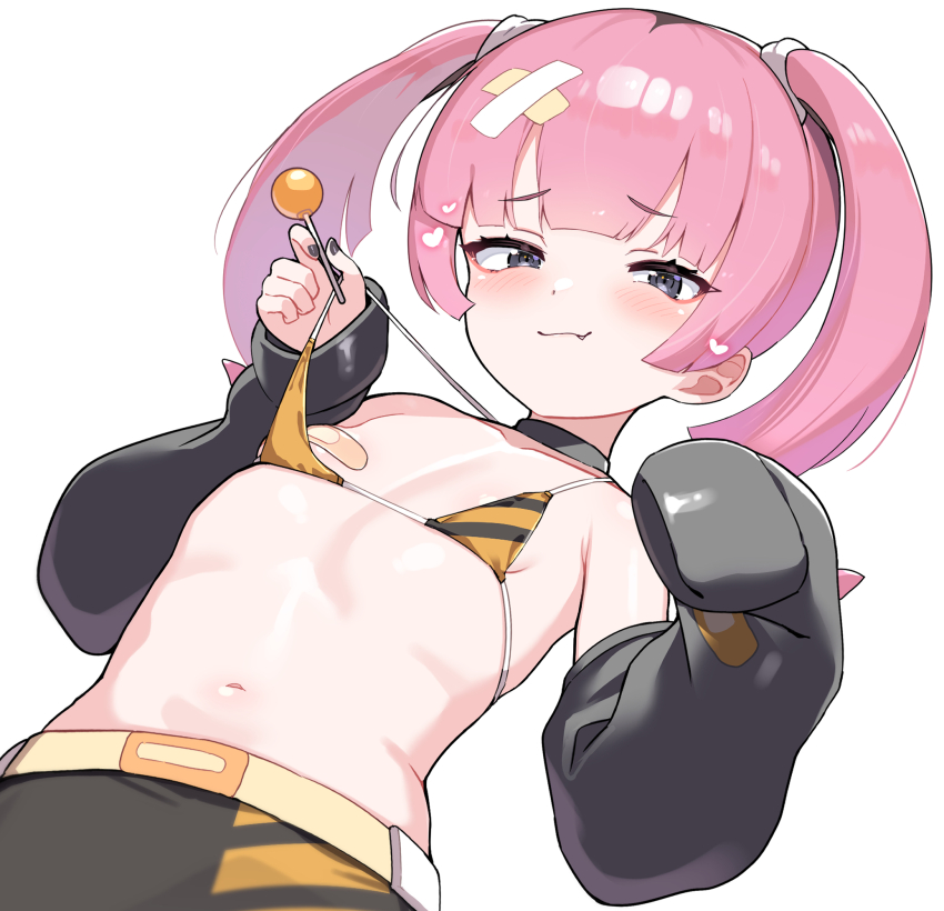 1girl bandaid bandaids_on_nipples bikini bikini_top_lift black_eyes black_nails blush candy closed_mouth clothes_lift coral_(pokemon) flat_chest food hair_ornament heart highres holding holding_candy holding_food holding_lollipop lollipop looking_at_viewer navel nintendo pasties pink_hair pokemon pokemon_(anime) pokemon_horizons simple_background solo stomach swimsuit twintails unizou white_background