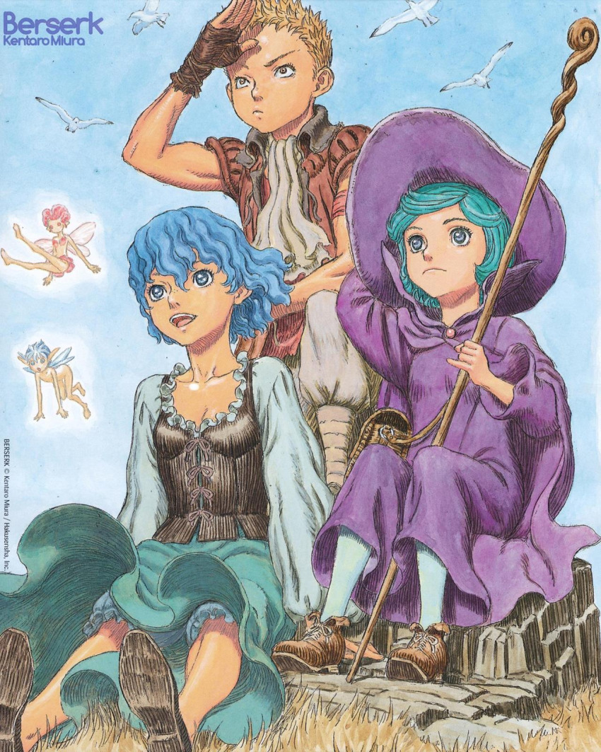 1boy 2girls aqua_hair arm_up artist_name berserk bird blue_eyes blue_hair brown_eyes brown_hair cape copyright_name day evarella_(berserk) fairy fingerless_gloves gloves hat highres holding holding_staff isidro_(berserk) isma long_skirt long_sleeves miura_kentarou multiple_girls official_art on_rock open_mouth outdoors puck_(berserk) schierke_(berserk) seagull short_hair sitting skirt staff witch_hat