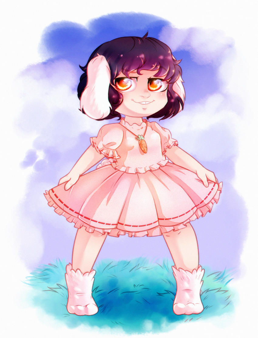 1girl absurdres animal_ears brown_hair carrot_necklace dungeon_toaster frilled_shirt frilled_skirt frilled_sleeves frills full_body grass highres inaba_tewi jewelry looking_at_viewer necklace open_mouth orange_eyes outdoors pink_shirt pink_skirt puffy_short_sleeves puffy_sleeves rabbit_ears rabbit_girl shirt short_hair short_sleeves skirt skirt_hold solo standing touhou