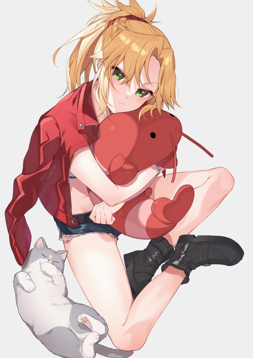 1girl bandeau blonde_hair blue_shorts blush boots braid breasts cat commission cutoffs denim denim_shorts fate/apocrypha fate_(series) green_eyes hair_ornament hair_scrunchie half_up_braid highres jacket jacket_on_shoulders kan&#039;yu_(citron_82) lobster long_hair looking_at_viewer mordred_(fate) mordred_(fate/apocrypha) mordred_(memories_at_trifas)_(fate) open_clothes open_jacket parted_bangs ponytail red_jacket scrunchie shorts sidelocks sitting skeb_commission small_breasts stuffed_toy