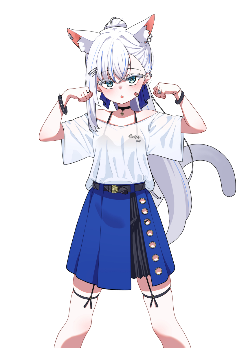 1girl absurdres animal_ears bandaid bandaid_on_cheek bandaid_on_face belt black_bra black_choker black_skirt blue_hair blue_skirt bra bracelet breasts cat_ears cat_girl cat_tail choker ear_piercing earrings expressionless extra_ears fang highres jewelry long_hair looking_at_viewer multicolored_hair original overskirt paw_pose piercing ponytail ring schwarz_rubin see-through_clothes see-through_shirt shirt simple_background skin_fang skirt skirt_under_skirt spiked_bracelet spikes streaked_hair tail underwear white_background white_hair white_shirt wide_sleeves