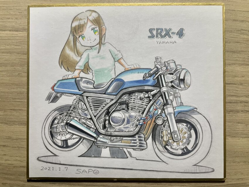 1girl artist_name black_footwear black_pants boots breasts dated green_sweater head_tilt highres looking_at_viewer medium_breasts motor_vehicle motorcycle original pants photo_(medium) sapo_(saaaapo_po) shikishi smile sweater traditional_media turtleneck turtleneck_sweater vehicle_focus white_background yamaha yamaha_srx400