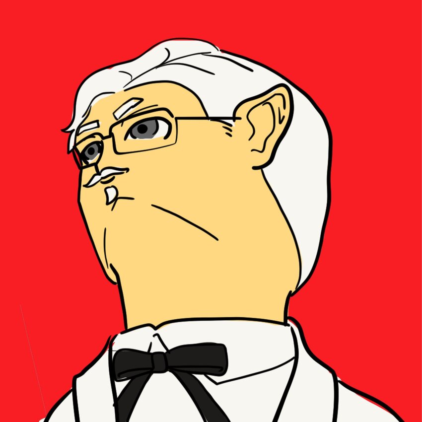 1boy bad_anatomy bad_face black_bow blazer bow closed_mouth collared_shirt colonel_sanders colored_skin commentary english_commentary facial_hair from_below furrowed_brow glasses goatee grey_eyes grey_hair highres jacket kfc kfc_restaurant_spain looking_ahead male_focus mature_male meme mustache official_art old pointy_ears portrait quality red_background shirt short_hair simple_background smile solo thick_eyebrows upper_body upward_angle_frieren_drawing_(meme) white_hair white_shirt yellow_skin