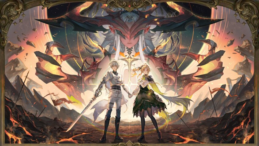 1boy 2girls ahoge belt black_belt black_boots black_pantyhose black_shirt black_shoes blonde_hair boots breasts chinese_commentary coat colored_skin commentary_request daphne_(duet_night_abyss) dress duet_night_abyss full_body hair_between_eyes hair_intakes hellfire_(duet_night_abyss) highres holding holding_sword holding_weapon lips multiple_girls pants pantyhose phoxhunter_(duet_night_abyss) ponytail red_eyes red_skin shirt shoes short_hair standing sword tamaki_(tamaki599) the_boy_in_the_dream_(duet_night_abyss) torn_flag weapon white_coat white_hair white_pants