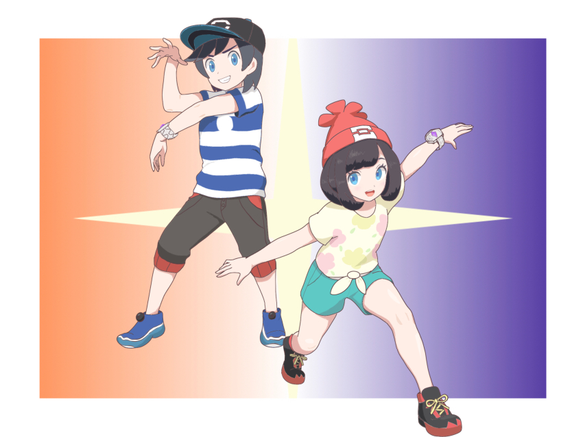1boy 1girl absurdres baseball_cap black_hair blue_eyes blue_shirt bob_cut child elio_(pokemon) eyelashes fighting_stance flat_chest floral_print full_body gradient_background green_shorts hands_up happy hat heel_up highres knees legs looking_at_viewer marunouchi_yaesu medium_hair nintendo on_one_knee open_hand open_mouth outstretched_arms parted_lips pokemon pokemon_sm red_hat selene_(pokemon) shirt shoes short_shorts short_sleeves shorts sidelocks smirk sneakers standing striped_clothes striped_shirt swept_bangs t-shirt tied_shirt two-tone_background z-ring