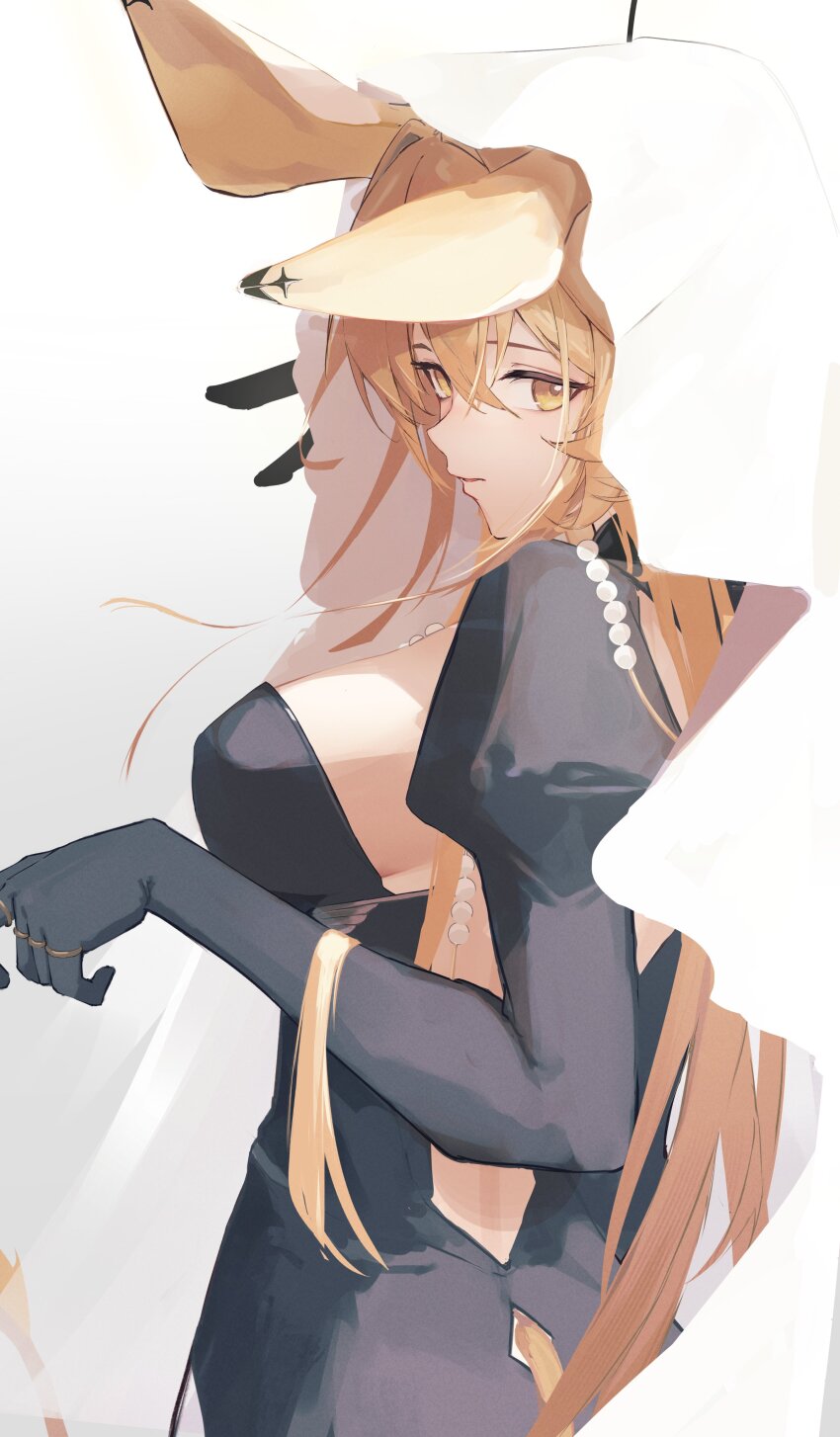 1girl absurdres animal_ears arknights black_dress black_gloves blending blonde_hair breasts cleavage clothing_cutout commentary dorothy_(arknights) dorothy_(hand_of_destiny)_(arknights) dress ears_down elbow_gloves gloves hair_between_eyes hand_up highres jewelry juliet_sleeves large_breasts long_hair long_sleeves looking_at_viewer mouse_ears mouse_girl multiple_rings necklace nekomatamago official_alternate_costume pearl_necklace puffy_sleeves ring simple_background solo tail tail_through_clothes upper_body veil white_veil yellow_eyes