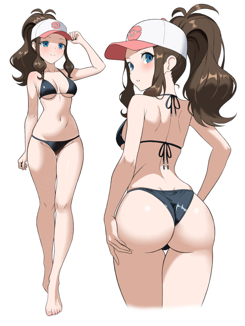 1girl absurdres ass back baseball_cap bikini black_bikini blue_eyes breasts brown_hair closed_mouth cropped_legs full_body ganzzzo hair_through_headwear hat high_ponytail highres hilda_(pokemon) looking_back medium_breasts multiple_views navel nintendo parted_lips pokemon pokemon_bw ponytail sidelocks simple_background smile stomach swimsuit white_background