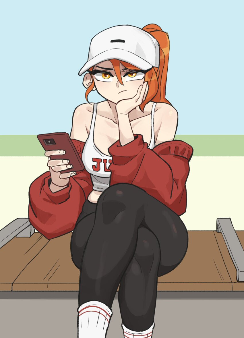1girl baseball_cap black_pants cellphone closed_mouth collarbone commentary crossed_legs english_commentary feet_out_of_frame hand_on_own_cheek hand_on_own_face hat head_rest highres holding holding_phone hyyun_ho indie_virtual_youtuber jacket june_(hyyun_ho) long_sleeves looking_at_viewer midriff off_shoulder orange_eyes orange_hair pants phone ponytail red_jacket sitting smartphone solo tank_top tight_clothes tight_pants white_hat white_tank_top