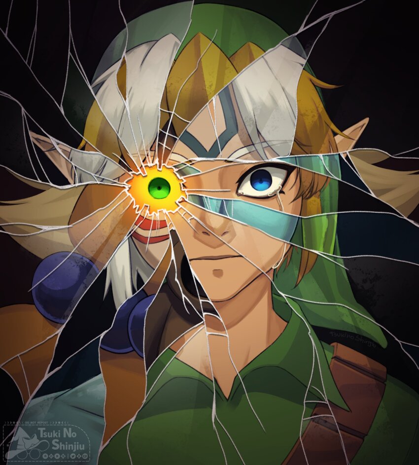 1boy absurdres artist_name bead_necklace beads blonde_hair broken_screen closed_mouth colored_sclera darmani deku_butler&#039;s_son fierce_deity green_eyes green_hat green_shirt hat highres jewelry link looking_at_viewer majora_(entity) male_focus mikau necklace nintendo pointy_ears portrait possessed possession sad shirt tears the_legend_of_zelda the_legend_of_zelda:_majora&#039;s_mask tsukinoshinjiu watermark white_hair yellow_sclera