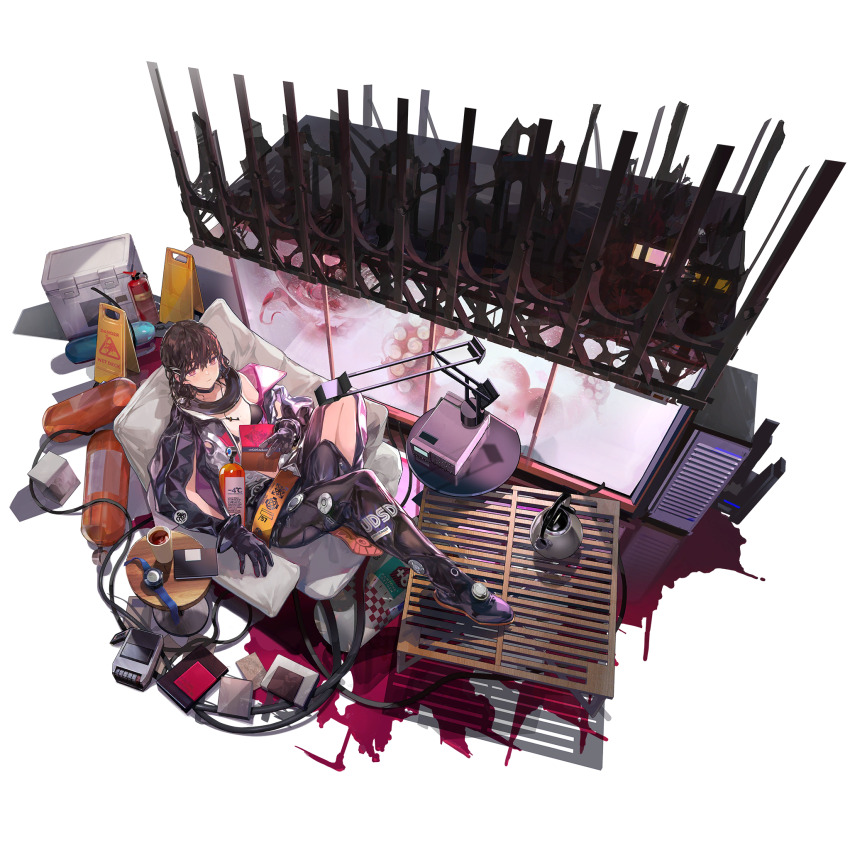 1girl bikini black_bikini black_hair bodysuit book chair feet_on_table fire_extinguisher from_above game_cg girls&#039;_frontline girls&#039;_frontline_neural_cloud hatsuchiri_(neural_cloud) highres holding holding_book lin+ looking_at_viewer official_art oxygen_tank red_eyes sign sitting solo swimsuit swimsuit_under_clothes third-party_source transparent_background unzipped warning_sign wavy_hair