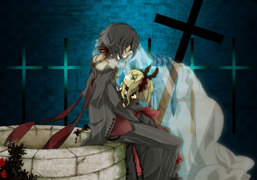 1boy 2girls cross doll elisabeth_von_wettin elyse_(sound_horizon) ghost highres maerchen_(sound_horizon) marchen_von_friedhof multiple_girls sorasou_torikodan sound_horizon tears well