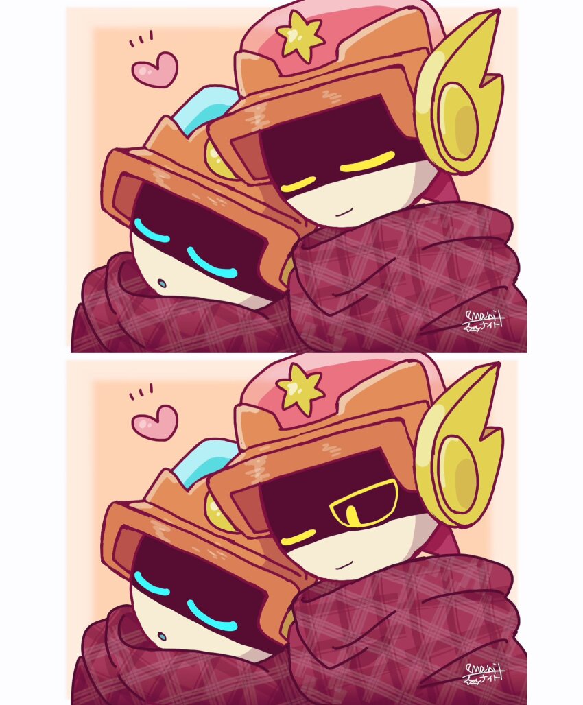 2boys bed_sheet border brawl_stars closed_eyes closed_mouth heart highres larry_(brawl_stars) lawrie_(brawl_stars) multiple_boys nmrsmari_bs one_eye_closed open_mouth robot siblings sleeping sleeping_on_person sleeping_together sleeping_upright tagme twins twitter_username white_background