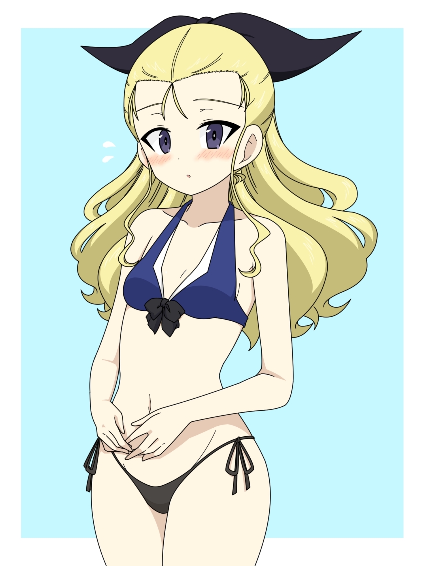 1girl assam_(girls_und_panzer) bikini blonde_hair blue_background blue_bikini blue_eyes blush breasts collarbone girls_und_panzer hair_ribbon highres ichinose_jun long_hair looking_at_viewer navel open_mouth ribbon side-tie_bikini_bottom simple_background small_breasts solo swimsuit