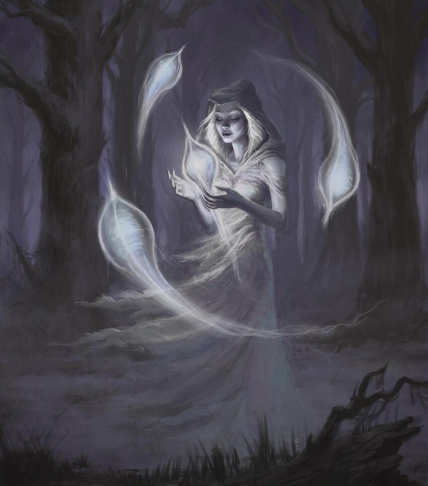 1girl absurdres artist_request bare_tree closed_eyes fog ghost highres official_art outdoors pale_skin the_elder_scrolls the_elder_scrolls_v:_skyrim tree white_hair will-o&#039;-the-wisp_(mythology) wispmother
