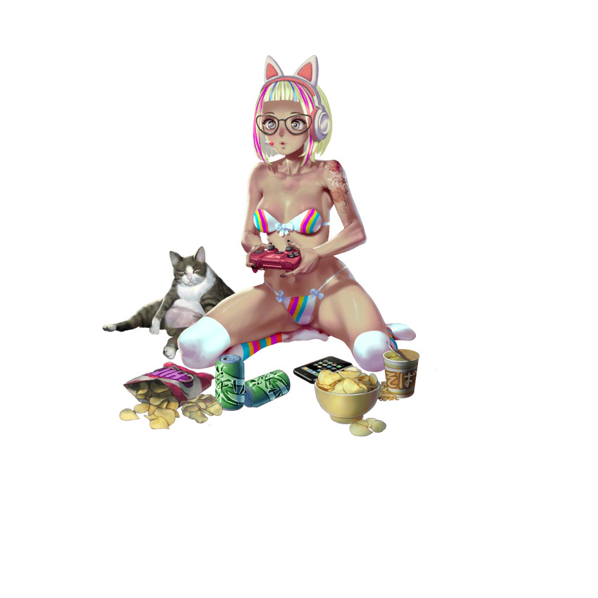 1girl animal_ear_headphones animal_ears arm_tattoo artist_request bare_shoulders blue_hair bowl bra breasts can cat cellphone chips_(food) controller crystal_maiden_(series) fake_animal_ears flower_tattoo food full_body game_cg glasses green_hair grey_eyes headphones highres instant_ramen kneeling multicolored_hair navel official_art panties phone pink_hair playing_games potato_chips sierra_(crystal_maidens) skirt socks solo tattoo transparent_background underwear variant_set