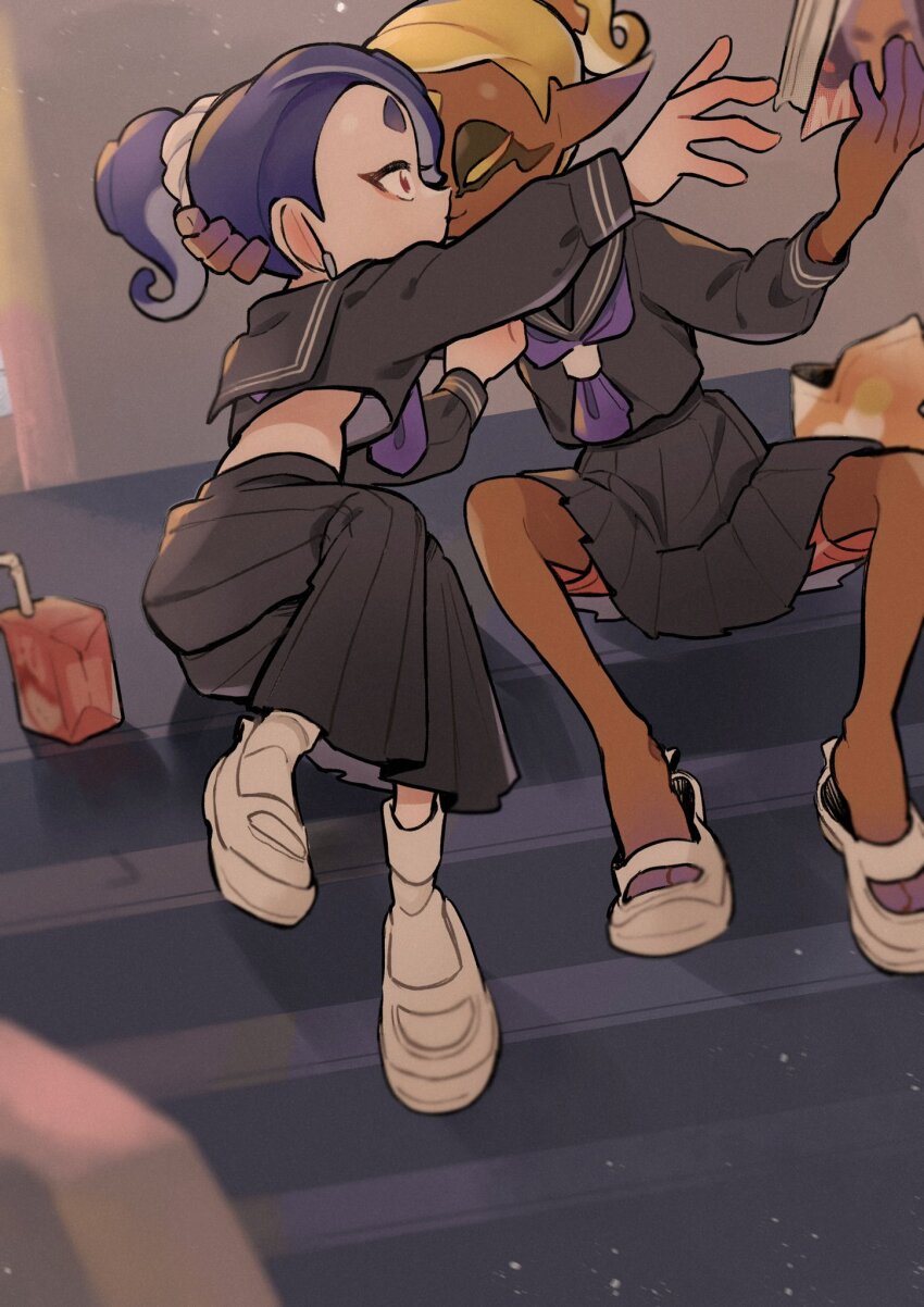 2girls aged_down book dark-skinned_female dark_skin frye_(splatoon) frye_(young)_(splatoon) highres holding holding_book kiss multiple_girls nintendo po_(moudameda17) ponytail reaching sailor school_uniform shiver_(splatoon) shiver_(young)_(splatoon) sitting sitting_on_stairs splatoon_(series) splatoon_3 stairs yuri