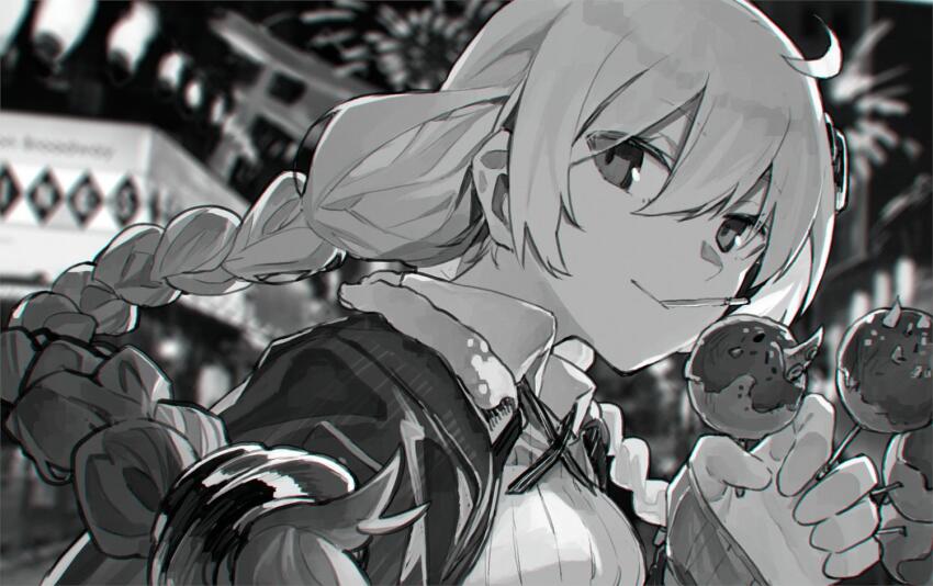 1girl ahoge between_fingers blurry blurry_background braid closed_mouth collared_shirt commentary_request cross_tie festival fireworks floating_hair food food_in_mouth fur-trimmed_jacket fur_trim greyscale hair_ornament hand_up hitogome holding holding_food jacket kizuna_akari lantern light_smile long_hair long_sleeves looking_at_viewer monochrome night open_clothes open_jacket outdoors paper_lantern portrait ribbed_shirt shirt solo summer_festival takoyaki torii twin_braids vocaloid voiceroid