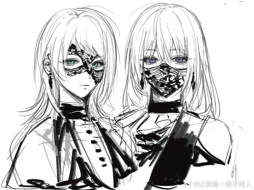 2girls accessories_switch bang_dream! bang_dream!_it&#039;s_mygo!!!!! chinese_commentary closed_mouth commentary_request doloris_(bang_dream!) earrings hair_between_eyes jewelry looking_at_viewer mask masquerade_mask medium_hair misumi_uika mouth_mask multiple_girls siy_(shengxiu760722) spot_color timoris_(bang_dream!) upper_body watermark weibo_watermark yahata_umiri