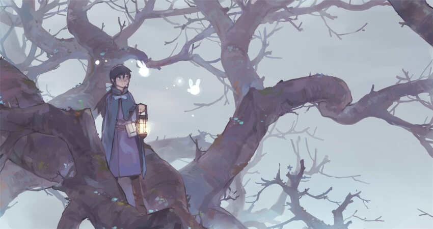 1girl bare_tree black_hair boots cape cloak dlkdhy dress highres holding holding_lantern lantern long_hair original outdoors ponytail purple_dress solo standing tree wide_shot