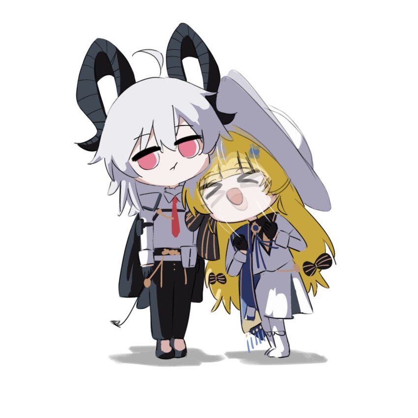 &gt;_&lt; 2girls ahoge black_gloves black_horns black_pants black_shoes blonde_hair blue_sash chest_harness chibi chibi_only commentary cryne curled_horns english_commentary gloves hair_between_eyes harness hat highres horns looking_to_the_side multiple_girls necktie open_mouth pants phoebe_(wuthering_waves) red_eyes red_necktie sash shirt shoes simple_background smile white_background white_hair white_hat white_shirt wuthering_waves zani_(wuthering_waves)