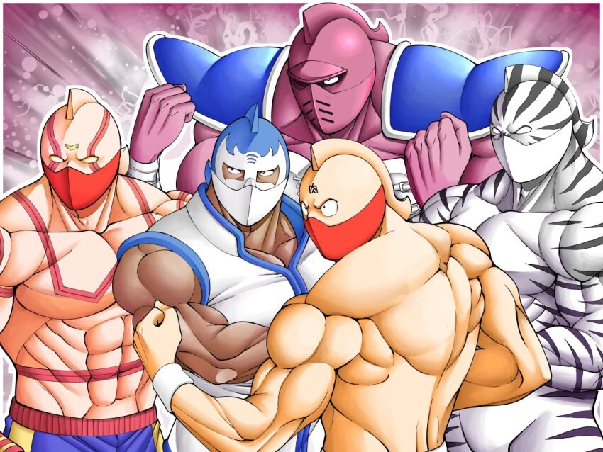 5boys armlet armor biceps blank_eyes grin helmet jewelry kazeya_kazuya kinniku_suguru kinnikuman kinnikuman_(character) kinnikuman_big_body kinnikuman_mariposa kinnikuman_super_phoenix kinnikuman_zebra large_pectorals looking_to_the_side manly mask mouth_mask multiple_boys muscular pectorals serious simple_background smile wrestling wrestling_mask wrestling_outfit
