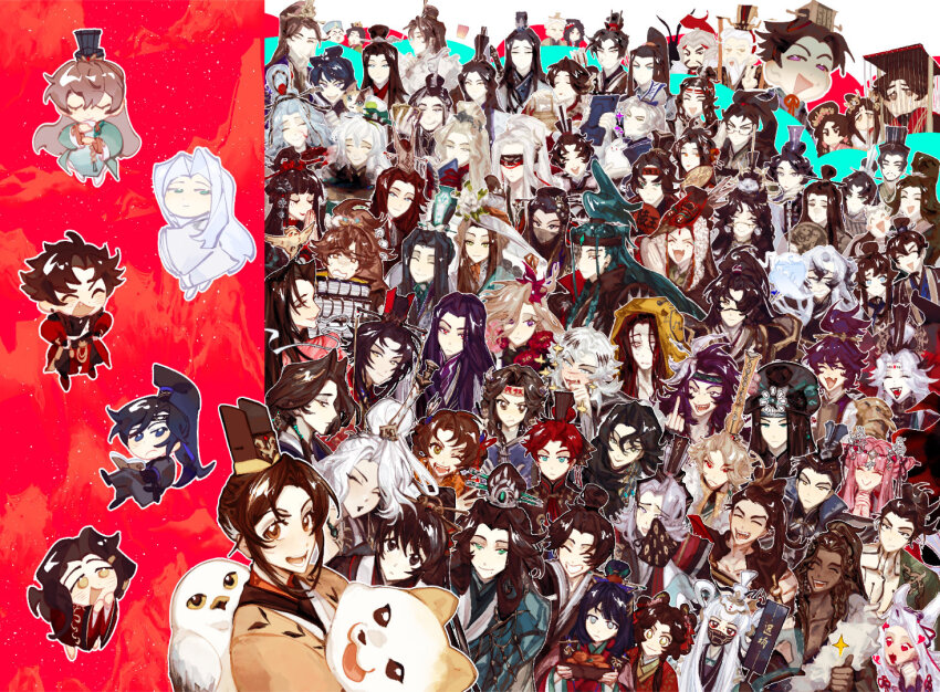 6+boys 6+girls ^_^ black_hair blue_eyes brown_eyes brown_hair character_request chibi chibi_inset chinese_clothes chinese_commentary closed_eyes closed_mouth code:_kite commentary_request everyone fu_rong_(code:_kite) green_eyes guanglingwang liu_bian_(code:_kite) long_hair looking_at_viewer multiple_boys multiple_girls open_mouth outline sun_quan_(code:_kite) u_u weibo_7587683077 white_outline yellow_eyes yuan_ji_(code:_kite) zuo_ci_(code:_kite)