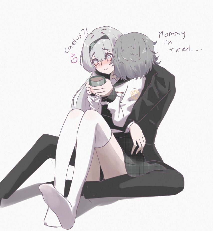 1boy 1girl @_@ black_jacket black_pants black_sailor_collar blush closed_mouth collared_shirt cup english_text firefly_(honkai:_star_rail) firefly_(spring_missive)_(honkai:_star_rail) gakuran gradient_hair grey_hair hair_between_eyes hair_intakes heart highres holding holding_cup honkai:_star_rail honkai_(series) hug hug_from_behind jacket kurisu1904 long_hair multicolored_eyes multicolored_hair pants sailor_collar school_uniform shirt simple_background smile thighhighs thighs white_background white_shirt white_thighhighs
